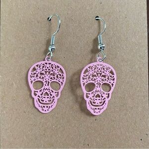 Pink Sugar Skull Filigree Dangle Earrings